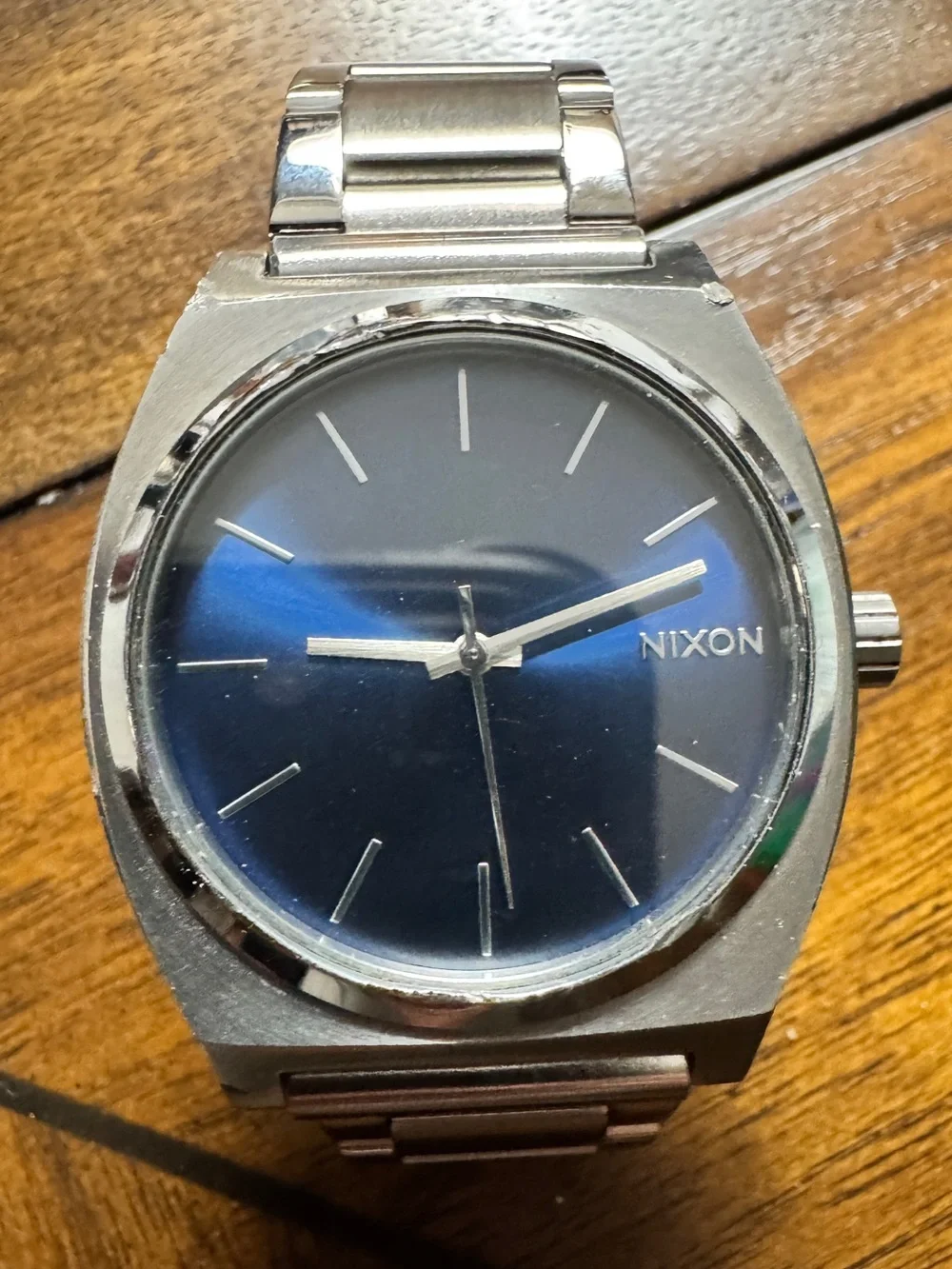 Nixon Silver Stainless Steel Watch with Blue Dial